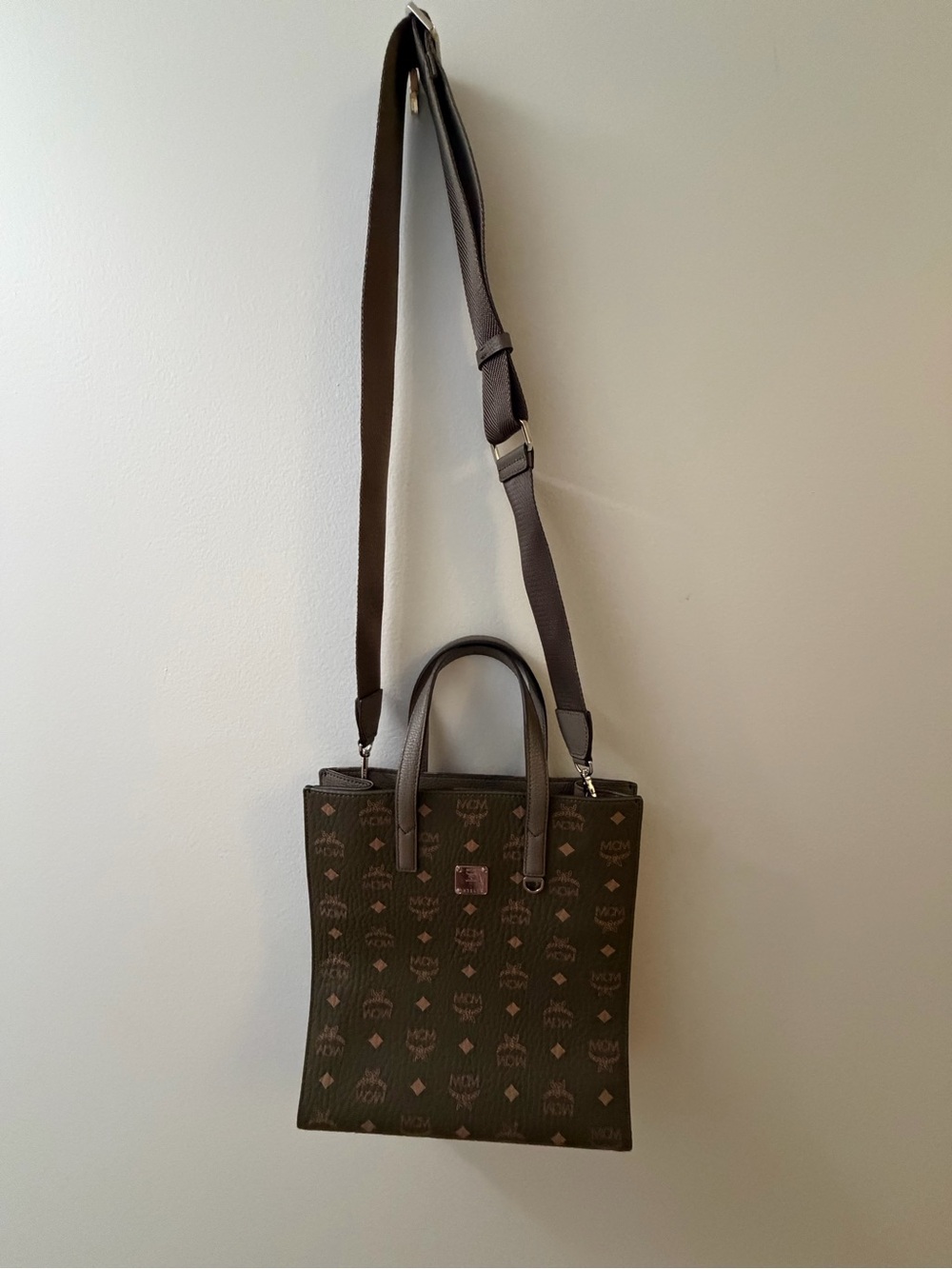 MCM Olive Brown Logo Messenger Tote with Adjustable Strap